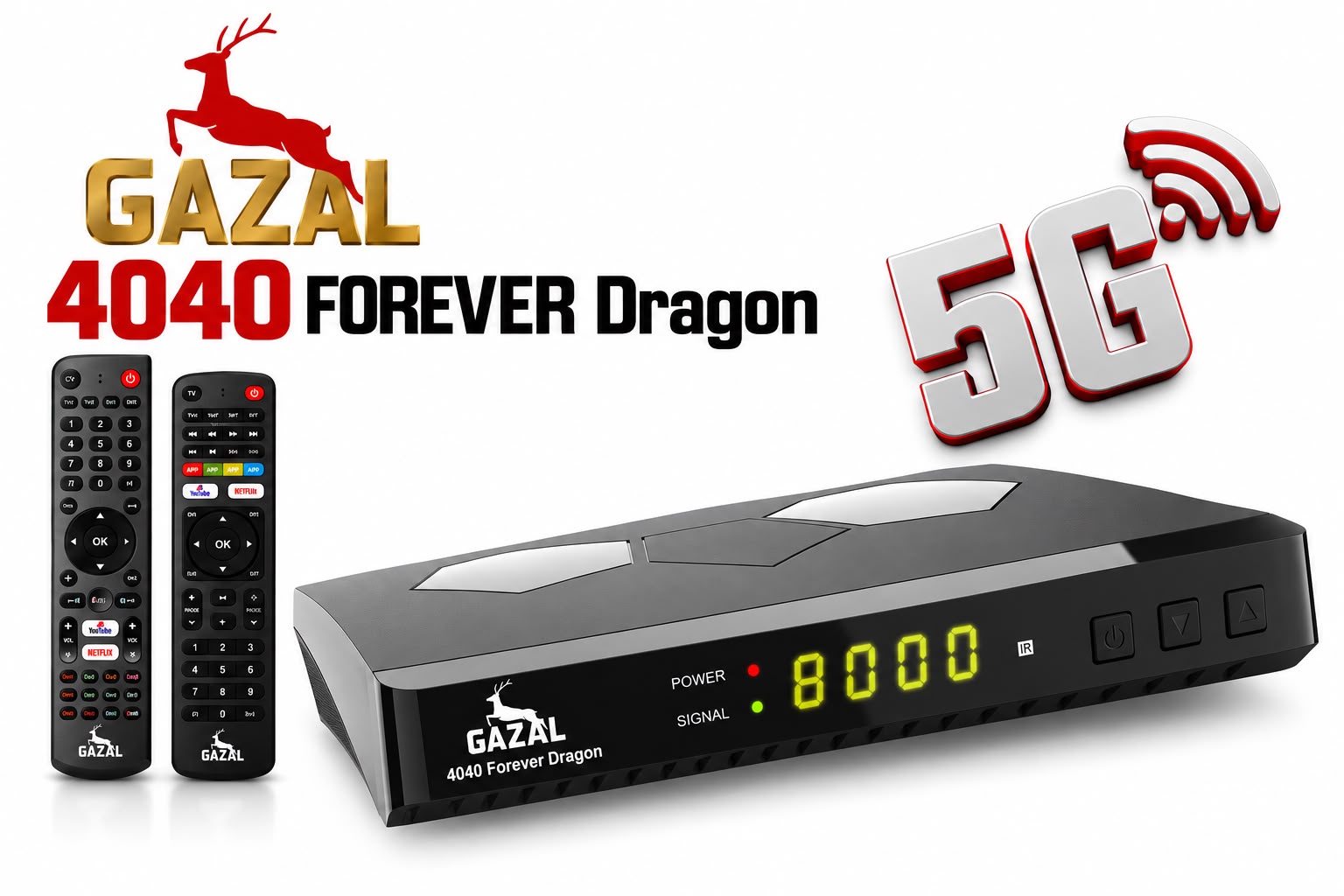جهاز رسيفر GAZAL 4040 Forever Dragon باللون الأسود مع جهازي تحكم عن بعد