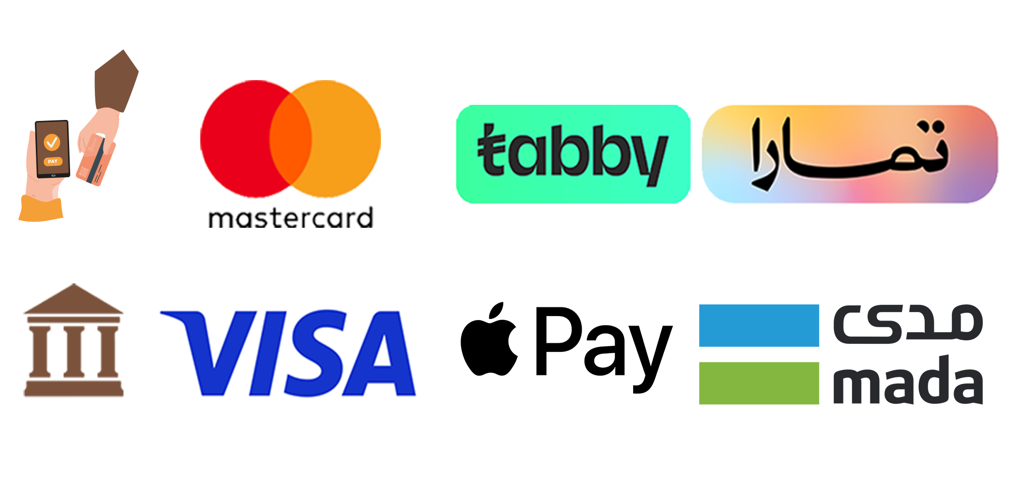 طرق الدفع المتاحة: الدفع عند الاستلام، التحويل البنكي، Visa، Mastercard، Apple Pay، mada، Tabby، Tamara